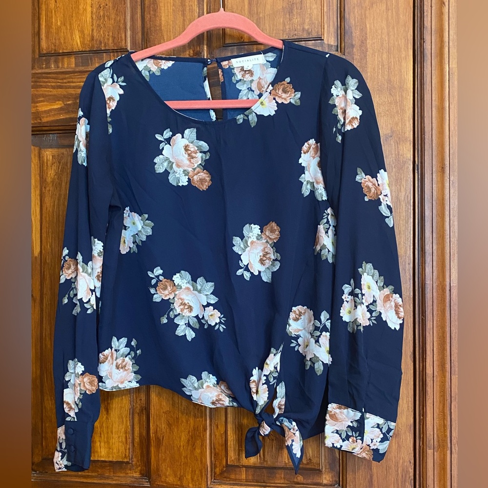 Socialite Navy Floral Tie-Front Long Sleeve Blouse